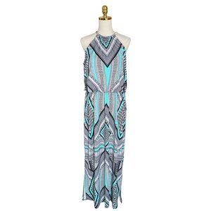 Covington Teal Geometric Print Stretch Jersey Blouson Flowy Maxi Sundress Sz XL